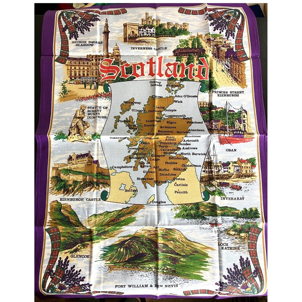 NEW NOS VTG Vista Clive Mayor Cotton Tea Towel SCOTLAND MAP SOUVENIR Attractions